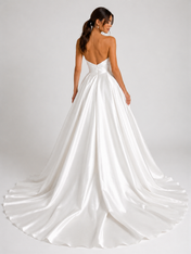 Elegant Strapless Ruched Satin A-Line Wedding Dress with Chapel Train