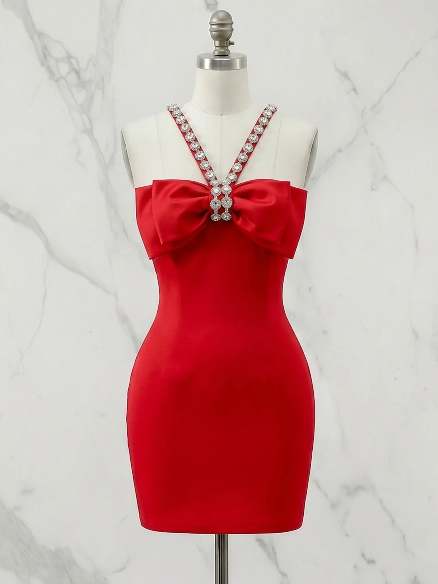 Sweetheart Bow Accent Rhinestone Strap Mini Dress Homecoming Dresses