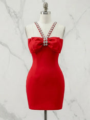 Sweetheart Bow Accent Rhinestone Strap Mini Dress Homecoming Dresses
