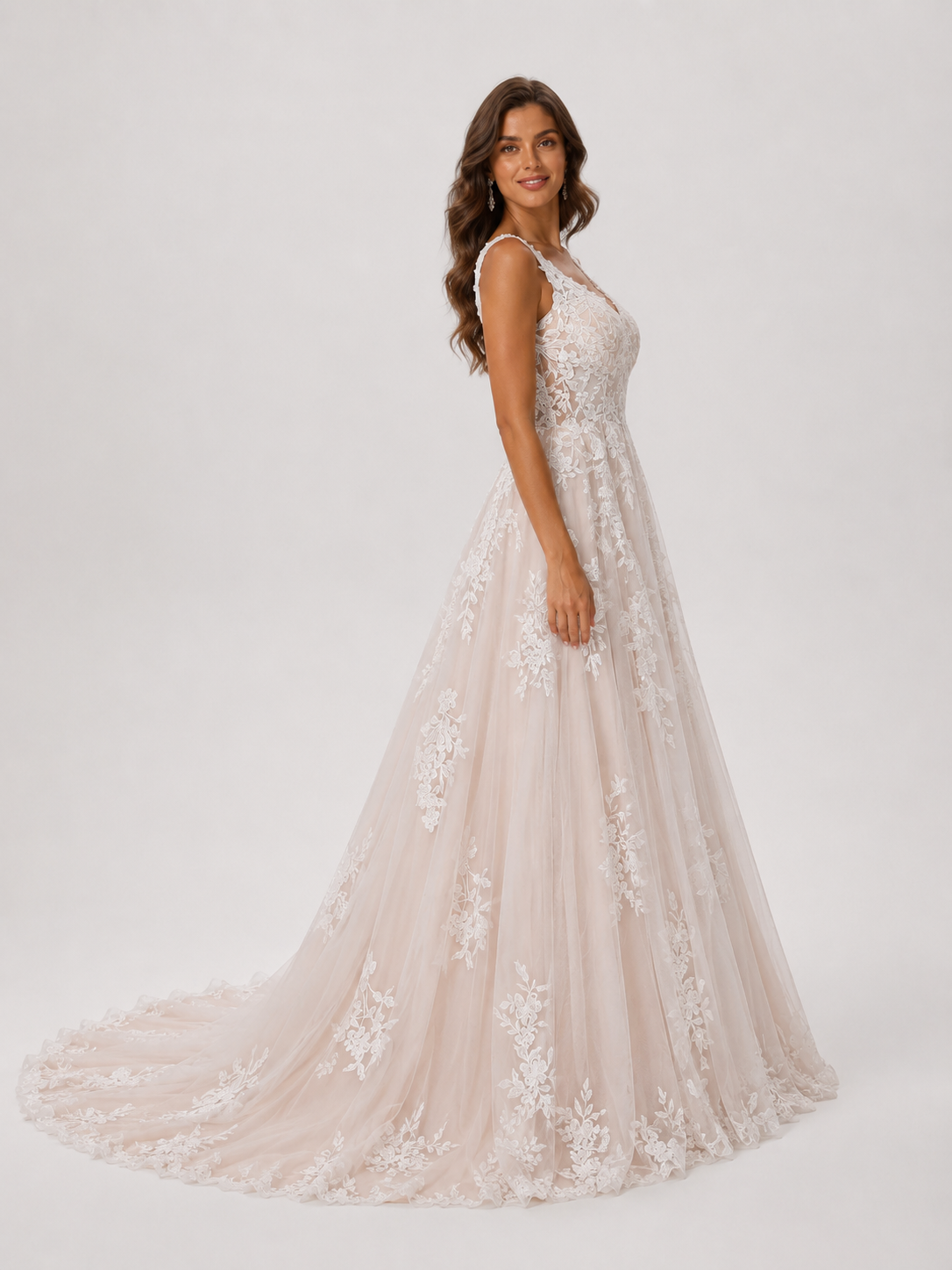 Elegant V-Neck Appliqued Tulle A-Line Wedding Dress with Chapel Train