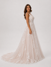 Elegant V-Neck Appliqued Tulle A-Line Wedding Dress with Chapel Train