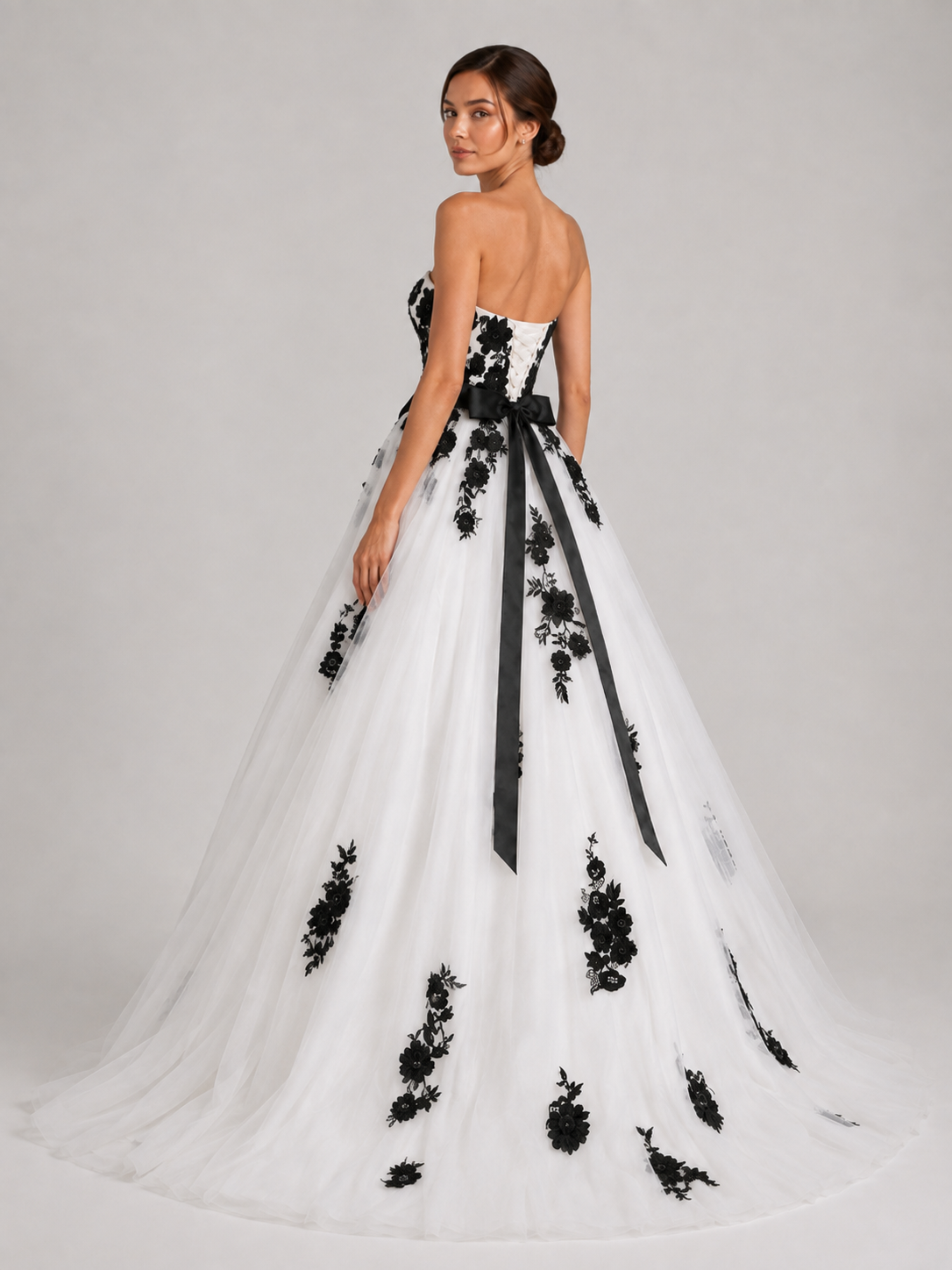 Elegant Floral Lace Applique Strapless A-Line Wedding Dress with Sweep Train