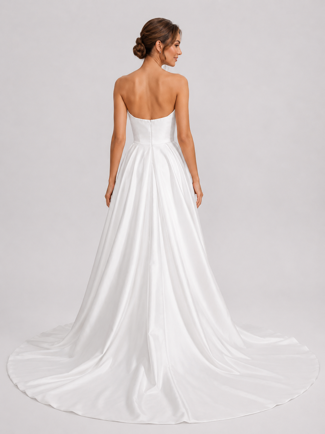 Elegant Strapless Ruched Satin A-Line Wedding Dress with Chapel Train