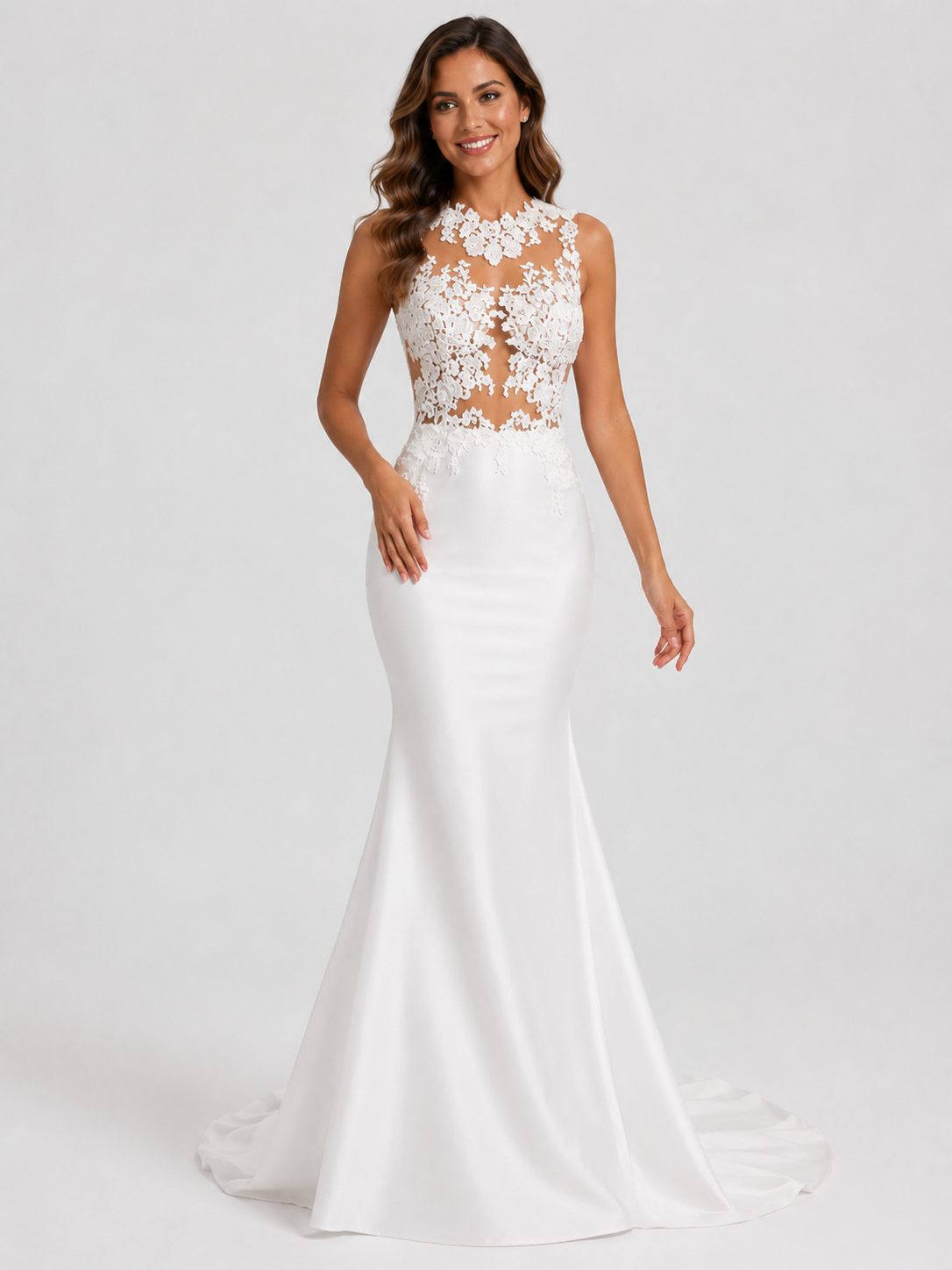 Elegant High-Neck Illusion Lace Crepe Mermaid Wedding Dress with Sweep Train