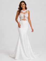 Elegant High-Neck Illusion Lace Crepe Mermaid Wedding Dress with Sweep Train