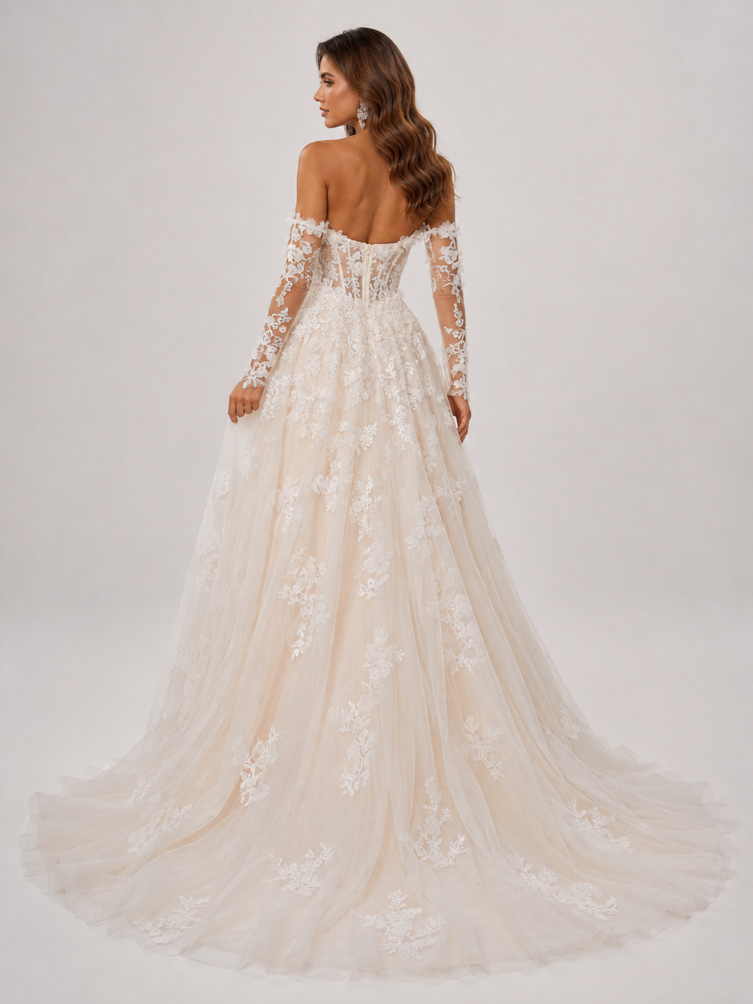 Elegant Off-the-Shoulder Lace Applique Tulle A-Line Wedding Dress with Chapel Train