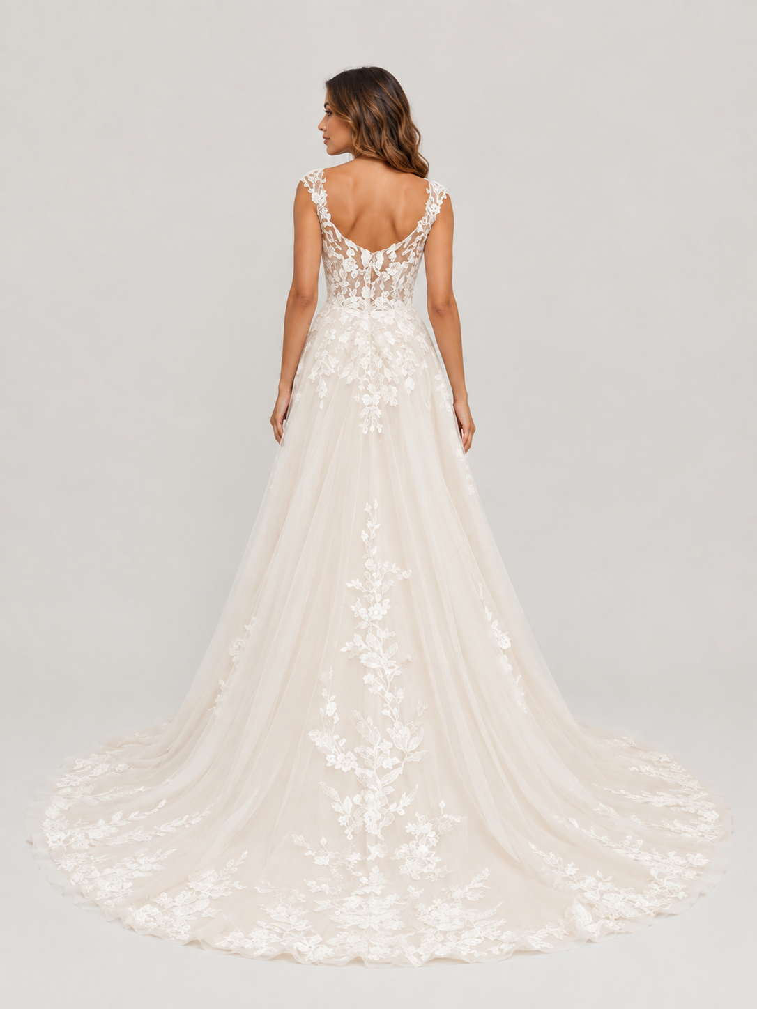Charming Floral Lace Applique Tulle A-Line Wedding Dress with Sweep Train