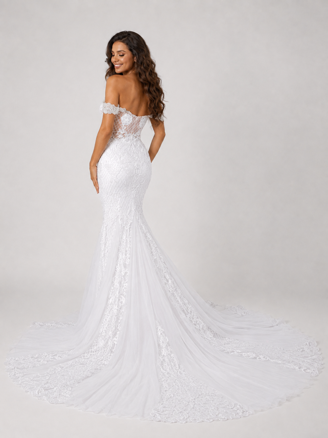 Elegant Off-the-Shoulder Illusion Plunge Lace Mermaid Wedding Dress with Chapel Train