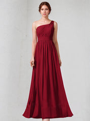 Burgundy A-Line One-Shoulder Floor-length Chiffon Bridesmaid Dress