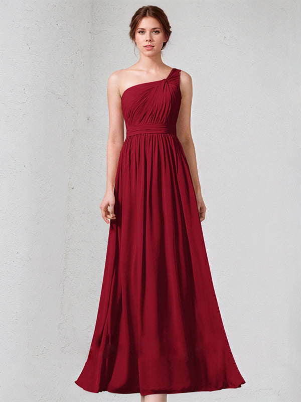 Burgundy A-Line One-Shoulder Floor-length Chiffon Bridesmaid Dress