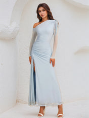 Sky Blue Chiffon One Shoulder Long Sleeves Ankle Length Dress With High Slit