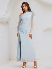 Sky Blue Chiffon One Shoulder Long Sleeves Ankle Length Dress With High Slit