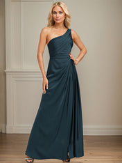 Dark Navy A-Line One Shoulder Floor-Length Satin Bridesmaid Dress With Ruffle