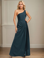 Dark Navy A-Line One Shoulder Floor-Length Satin Bridesmaid Dress With Ruffle