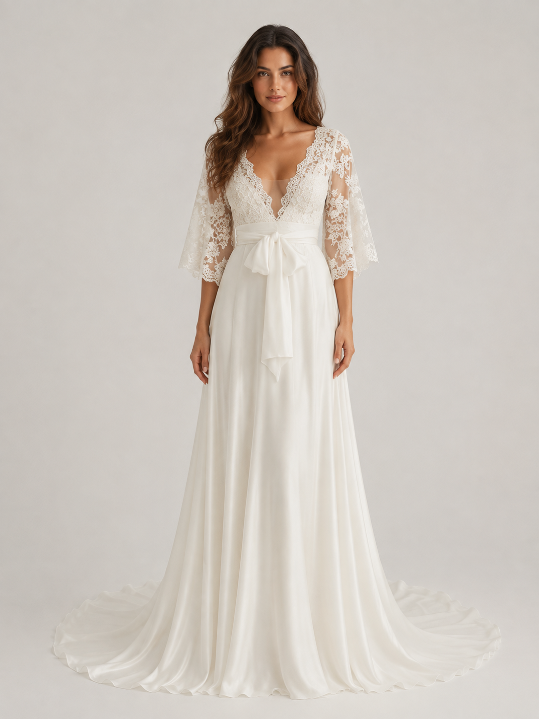 Elegant Lace Bell Sleeve A-Line Wedding Dress with Sweep Train