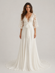 Elegant Lace Bell Sleeve A-Line Wedding Dress with Sweep Train