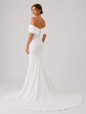 Elegant Off-the-Shoulder Folded Collar Satin Mermaid Wedding Dress with Chapel Train