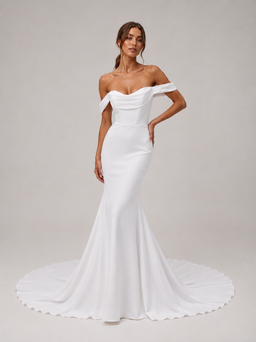 Elegant Off-the-Shoulder Cowl Neck Satin Mermaid Wedding Dress with Chapel Train