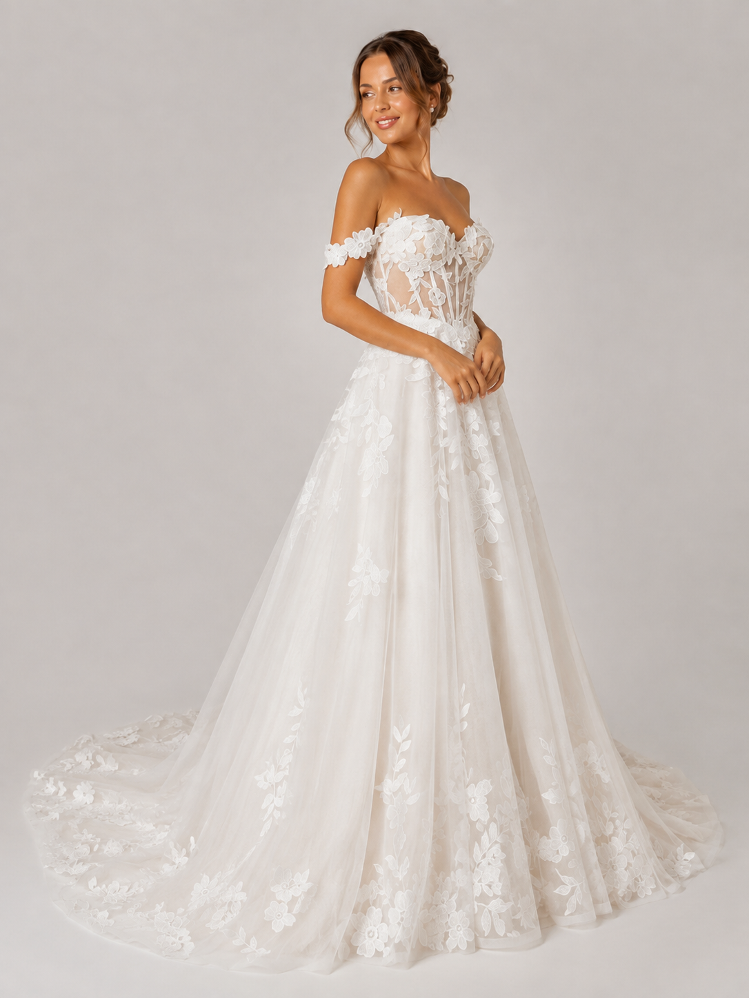 Elegant Off-the-Shoulder Lace Appliquéd Tulle A-Line Wedding Dress with Chapel Train