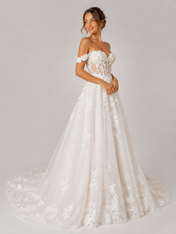 Elegant Off-the-Shoulder Lace Appliquéd Tulle A-Line Wedding Dress with Chapel Train