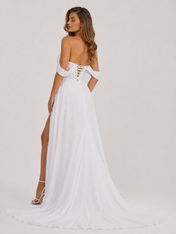Elegant Off-the-Shoulder Draped Corset Chiffon A-Line Wedding Dress with High Slit and Sweep Train