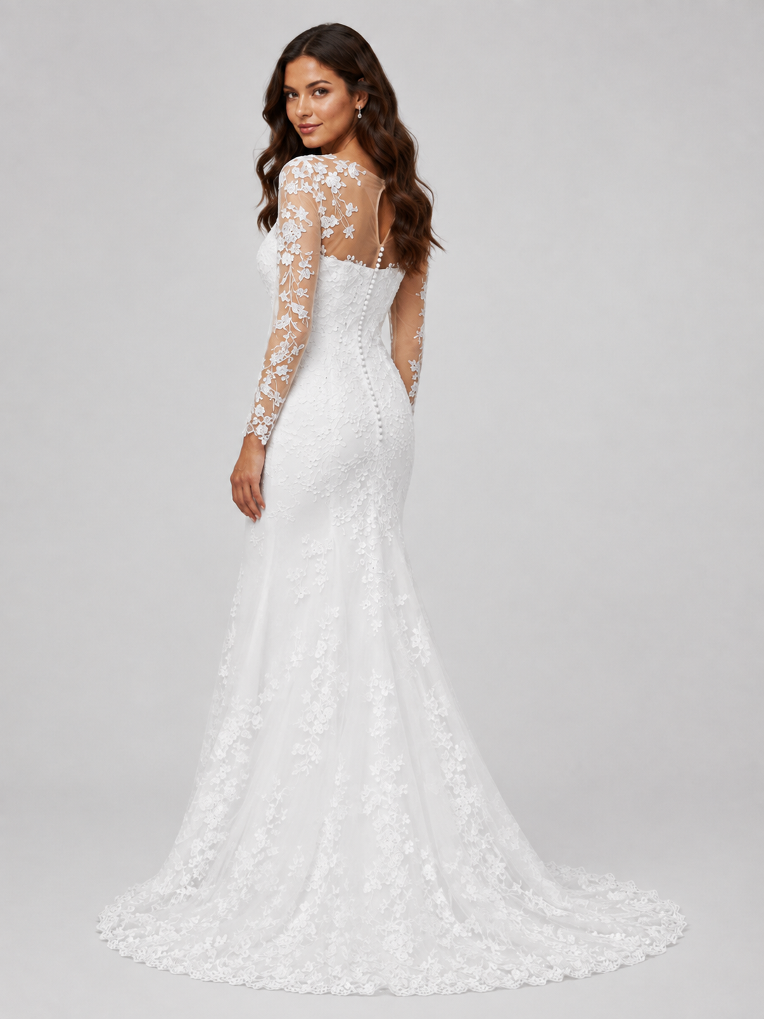 Elegant Illusion Long-Sleeve Lace Mermaid Wedding Dress with Keyhole Back and Sweep Train