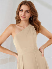 A Line Champagne Chiffon One Shoulder Sleeveless Floor Length Dress