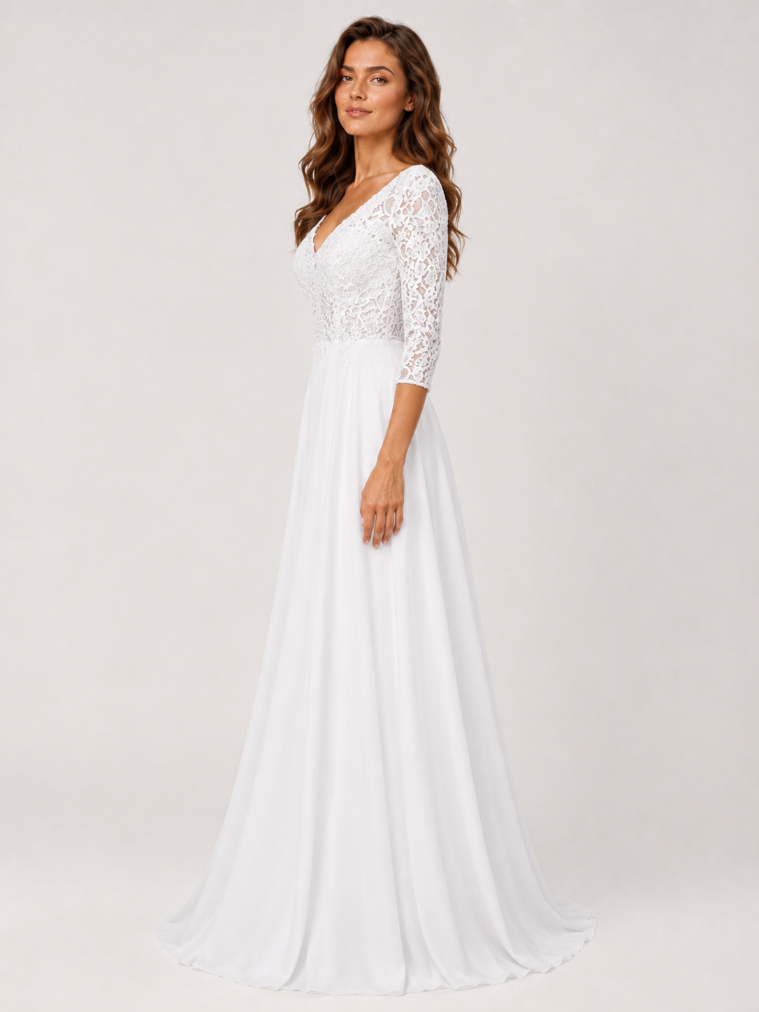 Elegant V-Neck Lace Bodice Chiffon A-Line Wedding Dress with Sweep Train