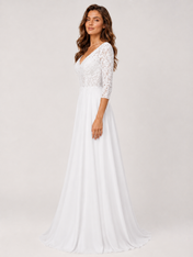 Elegant V-Neck Lace Bodice Chiffon A-Line Wedding Dress with Sweep Train