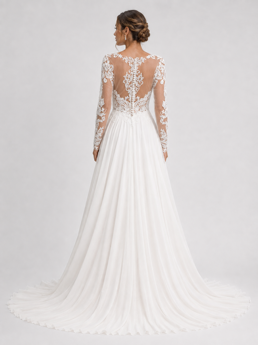 Elegant Long Sleeve V-Neck Illusion Lace Chiffon A-Line Wedding Dress with Chapel Train