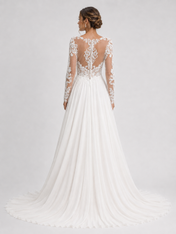 Elegant Long Sleeve V-Neck Illusion Lace Chiffon A-Line Wedding Dress with Chapel Train