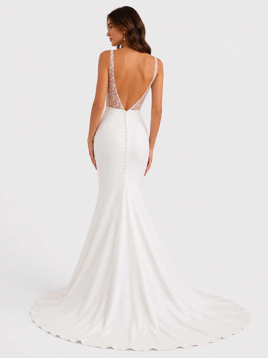 Elegant V-Neck Sheer Illusion Back Satin Mermaid Wedding Dress with Chapel Train