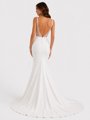 Elegant V-Neck Sheer Illusion Back Satin Mermaid Wedding Dress with Chapel Train