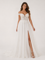 Elegant Off-the-Shoulder Lace Applique Chiffon A-Line Wedding Dress with High Slit and Sweep Train