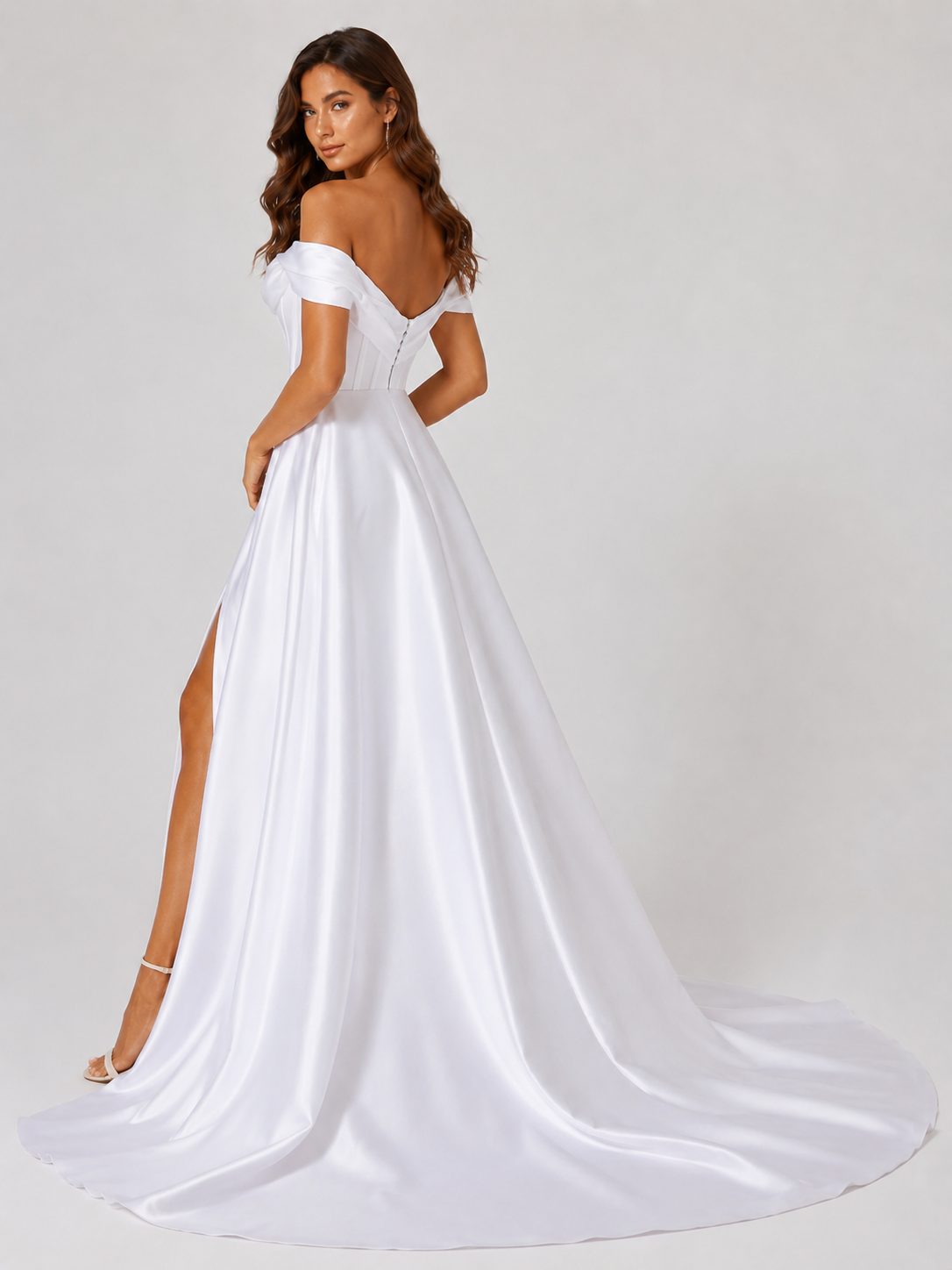 Elegant Off-the-Shoulder Draped Satin A-Line Wedding Dress with High Slit and Chapel Train