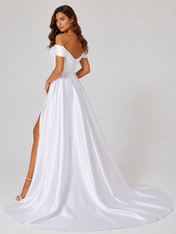 Elegant Off-the-Shoulder Draped Satin A-Line Wedding Dress with High Slit and Chapel Train