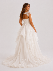 Elegant Cap-Sleeve Layered Tulle A-Line Wedding Dress with Floral Lace Appliques and Chapel Train