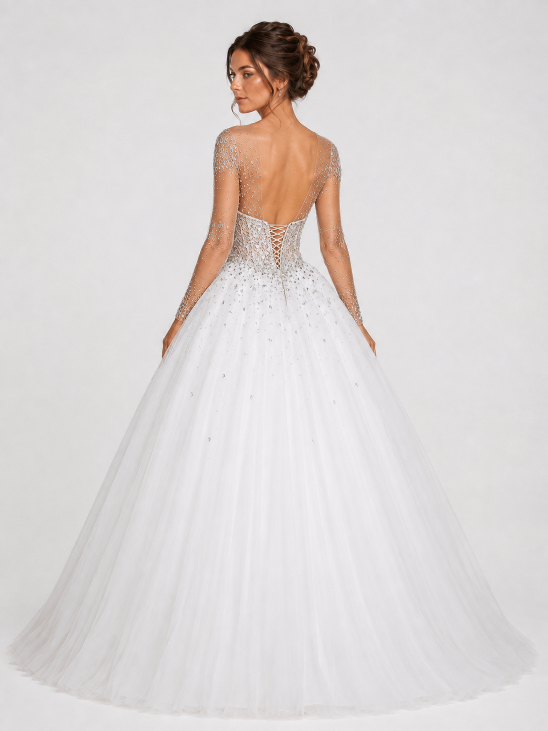 Beaded Illusion Long Sleeve Tulle A-Line Wedding Dress with Sweep Train