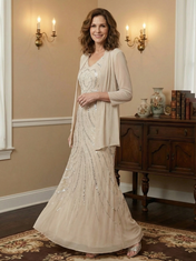 Sheath/Column V-Neck Ankle-Length Mother of the Bride Dresses with Jacket & Sequins