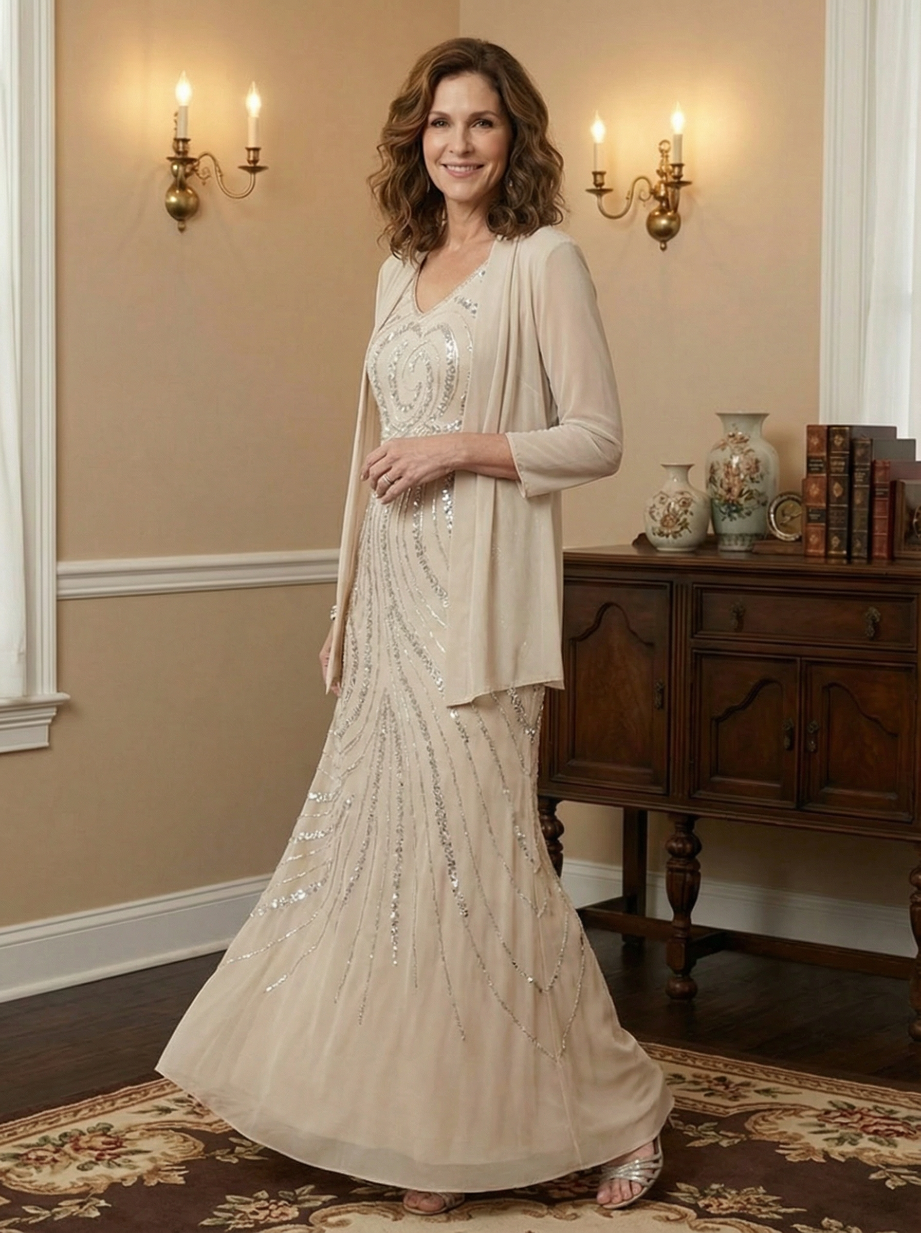 Sheath/Column V-Neck Ankle-Length Mother of the Bride Dresses with Jacket & Sequins