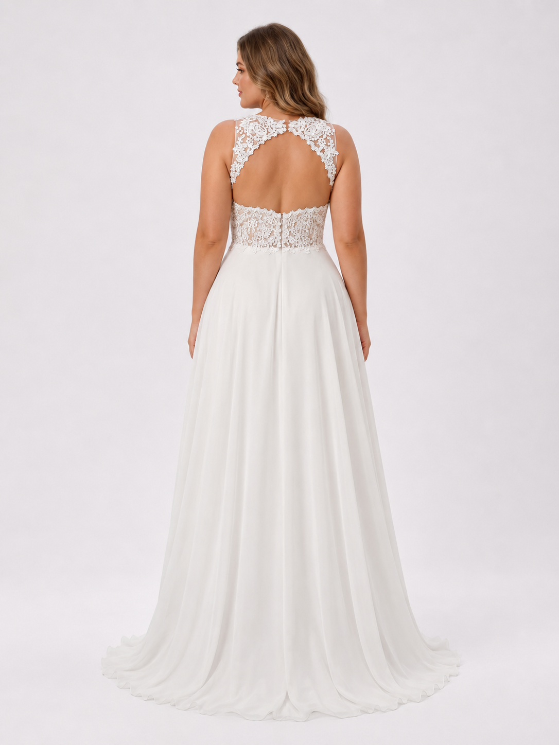 Elegant V-Neck Lace Applique Chiffon A-Line Wedding Dress with Keyhole Back