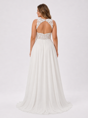 Elegant V-Neck Lace Applique Chiffon A-Line Wedding Dress with Keyhole Back