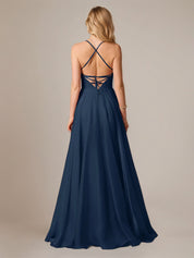 Navy A Line Satin Spaghetti Straps Sleeveless Floor Length Dresses