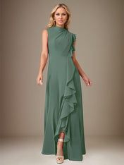 Eucalyptus A Line Chiffon High Neck Sleeveless Floor Length Dress With Cascading Ruffles