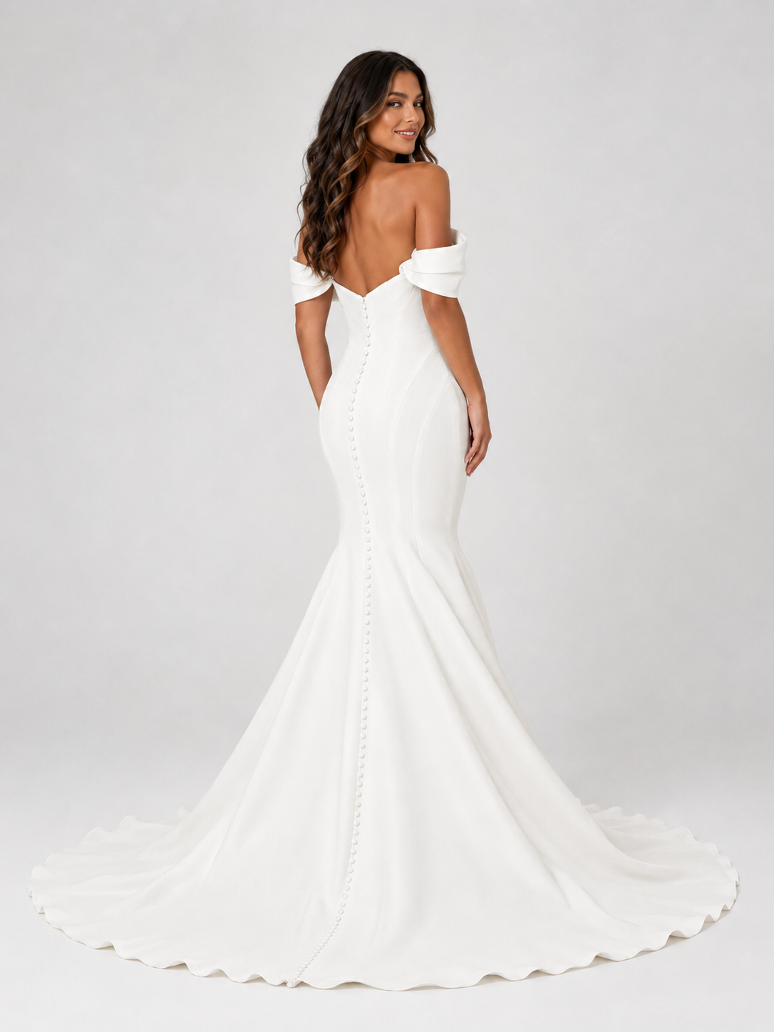 Elegant Off-the-Shoulder Draped Satin Mermaid Wedding Dress with Chapel Train