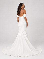 Elegant Off-the-Shoulder Draped Satin Mermaid Wedding Dress with Chapel Train