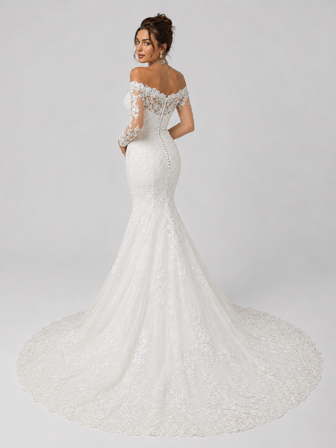 Elegant Off-the-Shoulder Long-Sleeve Lace Mermaid Wedding Dress with Chapel Train