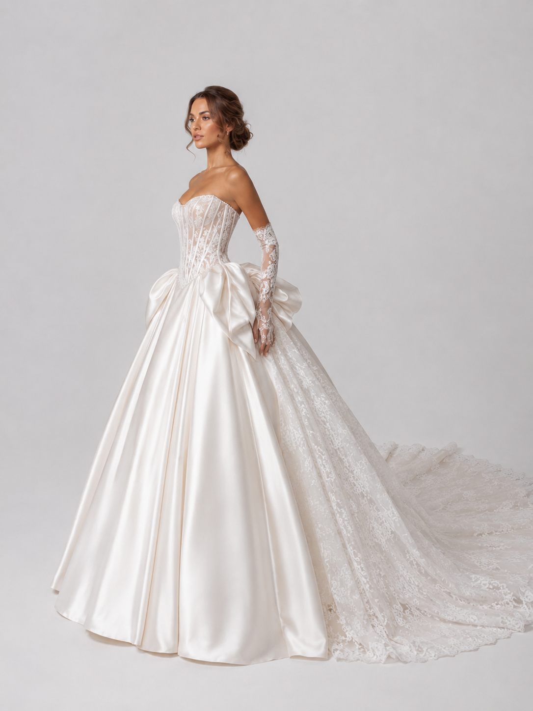 Elegant Strapless Satin and Lace Ball Gown Wedding Dress with Cathedral Train