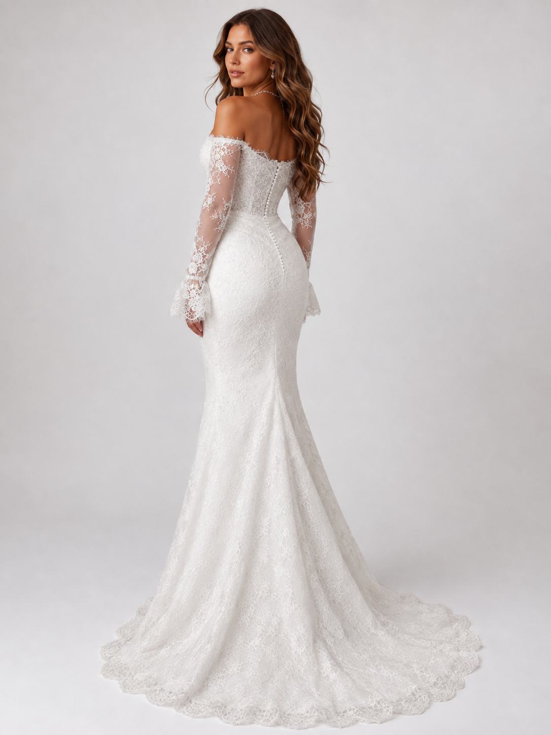 Elegant Off-the-Shoulder Long Sleeve Lace Mermaid Wedding Dress with Sweep Train
