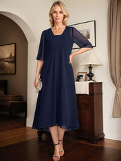 A-line Square Tea-Length Chiffon Mother of the Bride Dress